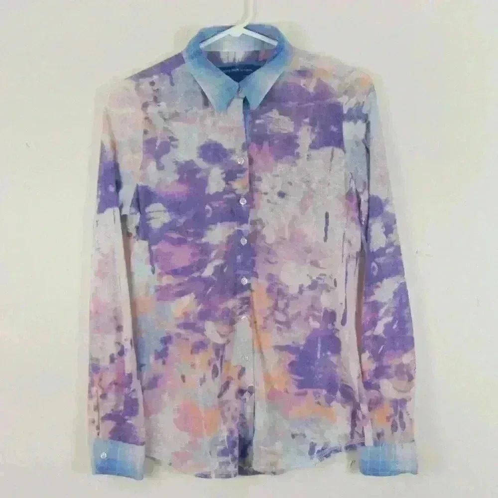 Georg Roth Los Angeles Semi Sheer Blue Purple Watercolour Button Up Blouse  Top